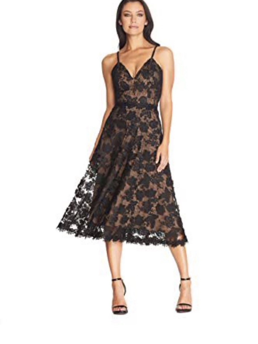 New$298Dress The Population Tahani Black Aplique Lace Dress Black Nude Sz.Large